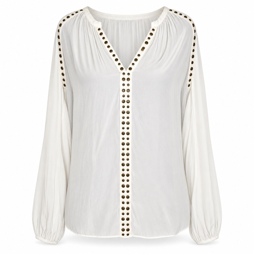 Ramy Brook Blouse XS/S White Danielle Boho Glam Studded Split Sleeve Silk Trim